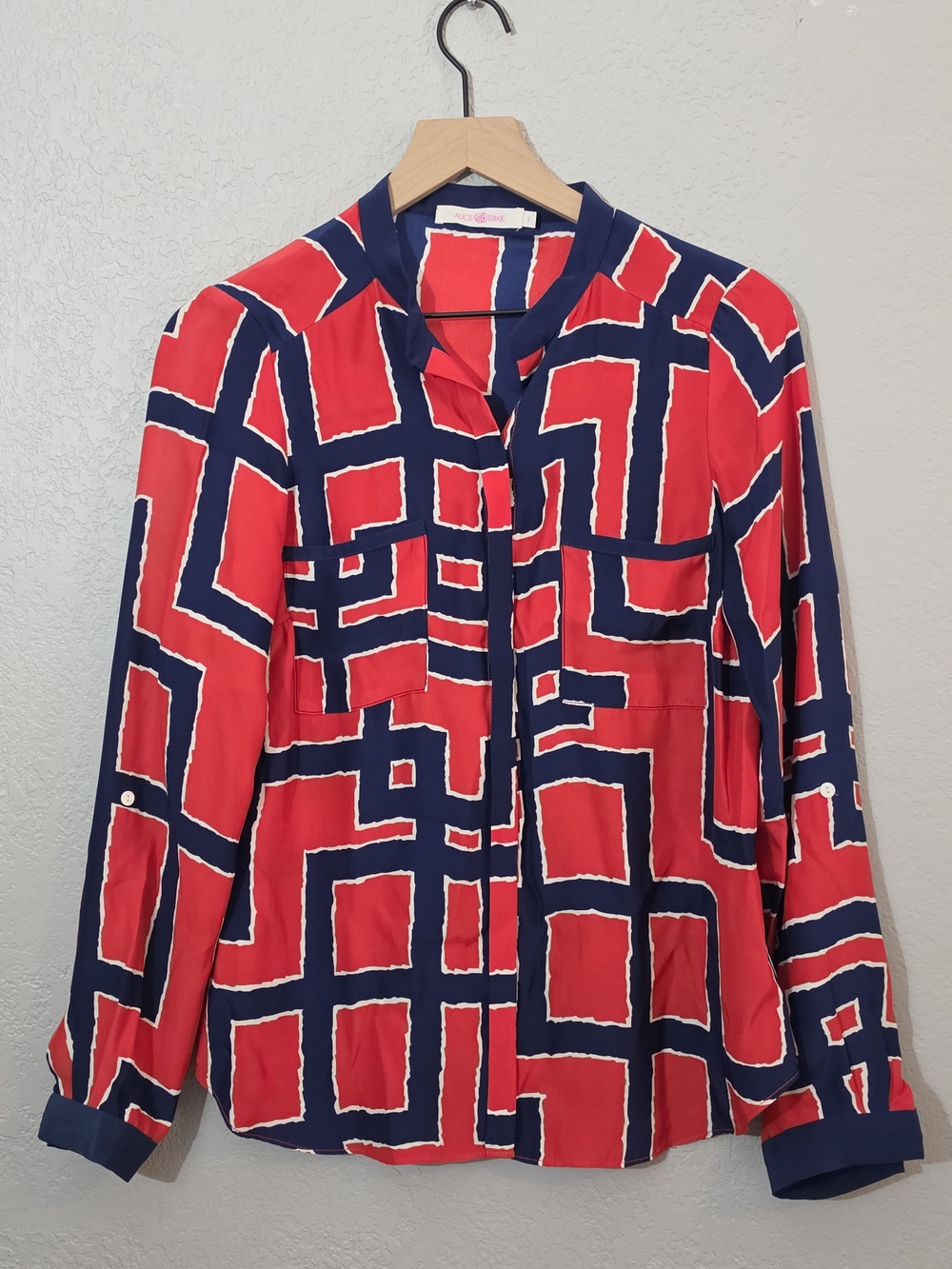 Alice & Trixie Red and Navy Geometric Button-Front Blouse Womens Small